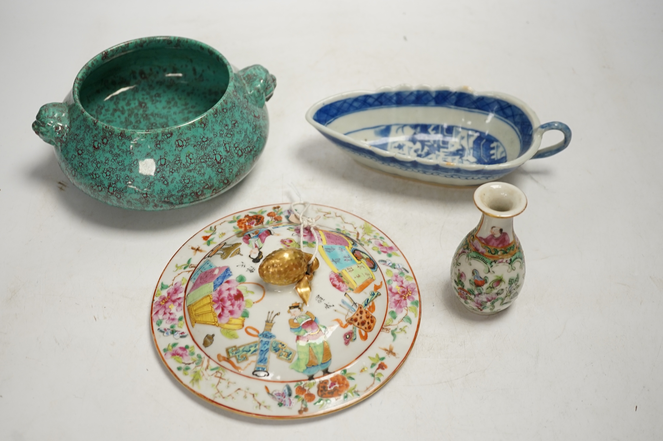 A Chinese robin’s egg glazed censer, a blue and white sauce boat and two famille rose items, largest 17cm diameter. Condition - fair to good